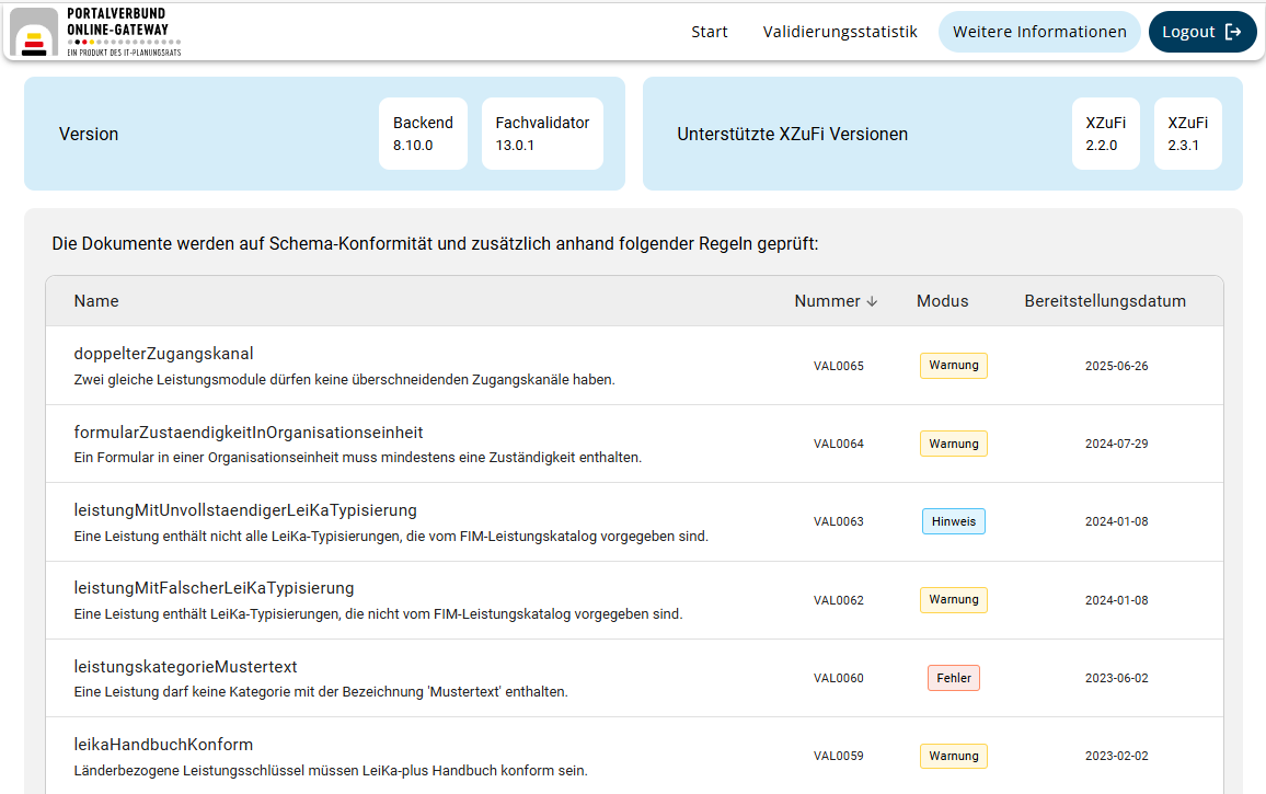 ValidatorService 9.16 Ansicht Weitere Informationen